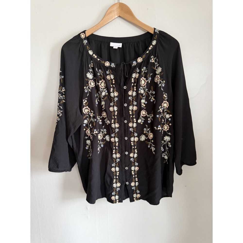 J Jill Black Floral Embroidered Boho Top: Flowy Country Cottage Cottagecore L